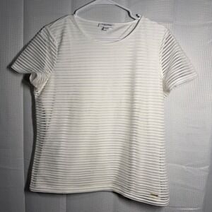 Calvin Klein Womens Striped Sheer Knit Top White M Medium Short Sleeve